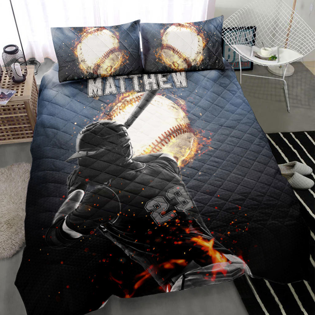 Ohaprints Quilt Bed Set Pillowcase Baseball Boy Fire Ball Batter Pose