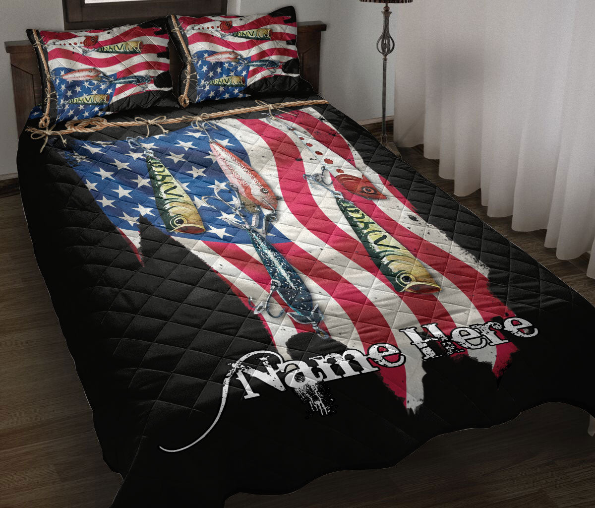fish lure bedding Personalized Fishing Quilt Set, Fishing Lure Us Flag Quilt Blanket With  Pillowcases, Custom Name Quilt Bedding Set
