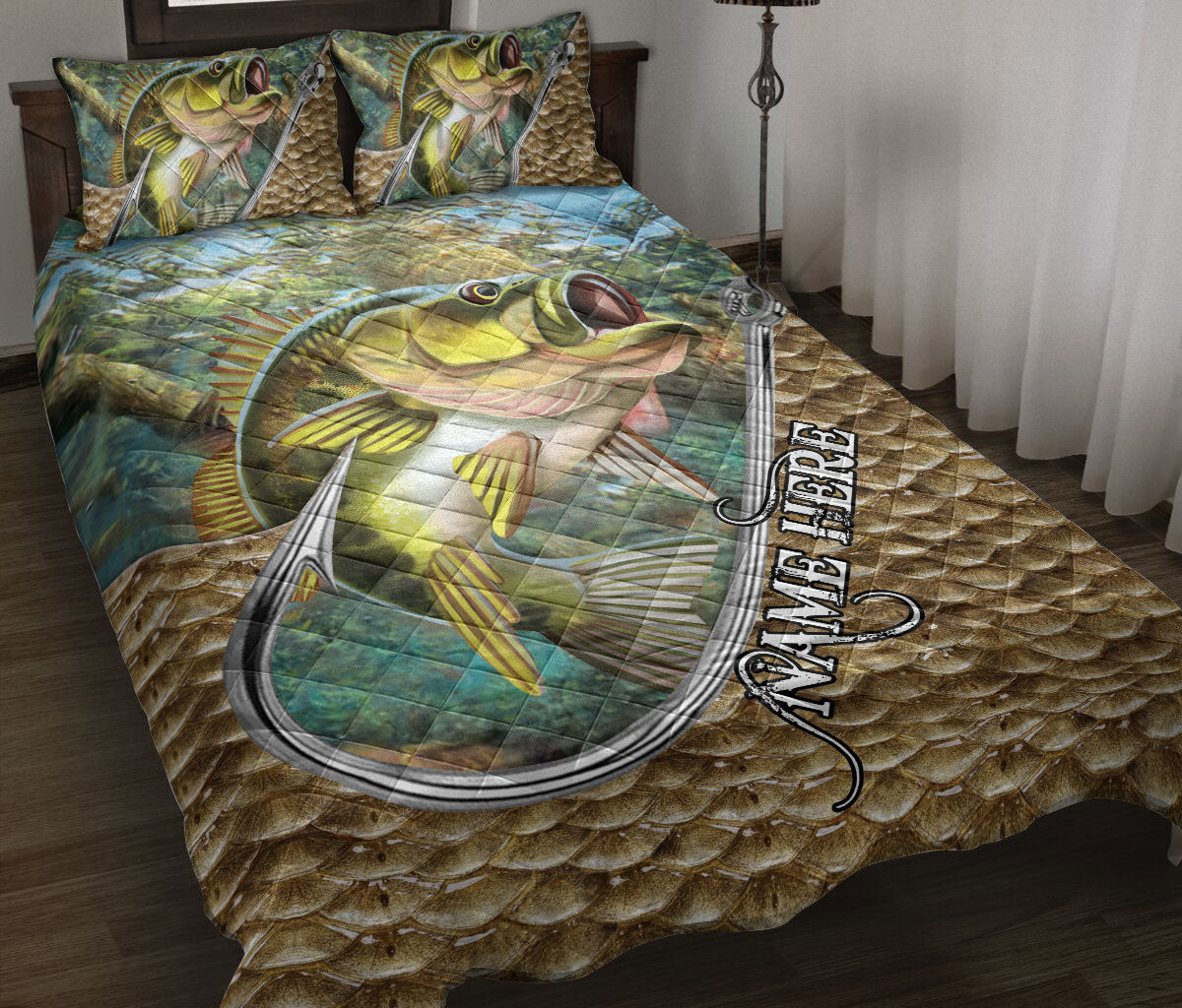 Personalized Fishing Quilt Set, Fishing Big Bass Fish Hook Quilt Blanket With Pillowcases, Custom Name Quilt Bedding Set