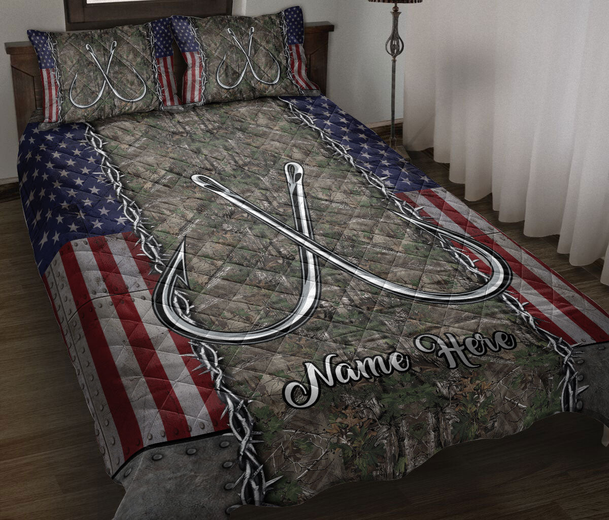 bed fishing hook Personalized Fishing Quilt Set, Fishing Hook US Flag Quilt Blanket With  Pillowcases, Custom Name Quilt Bedding Set