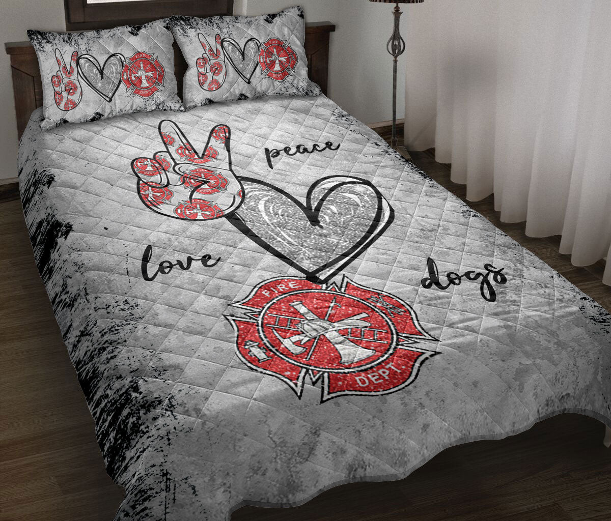 Ohaprints Quilt Bed Set Pillowcase Firefighter Fireman Peace Love, image size:1200x1024