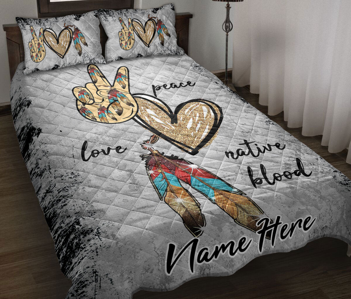 Ohaprints-Quilt-Bed-Set-Pillowcase-Native-American-Peace-Love-Native-Blood-Grey-Pattern-Custom-Personalized-Name-Blanket-Bedspread-Bedding-2669-Throw (55'' x 60'')