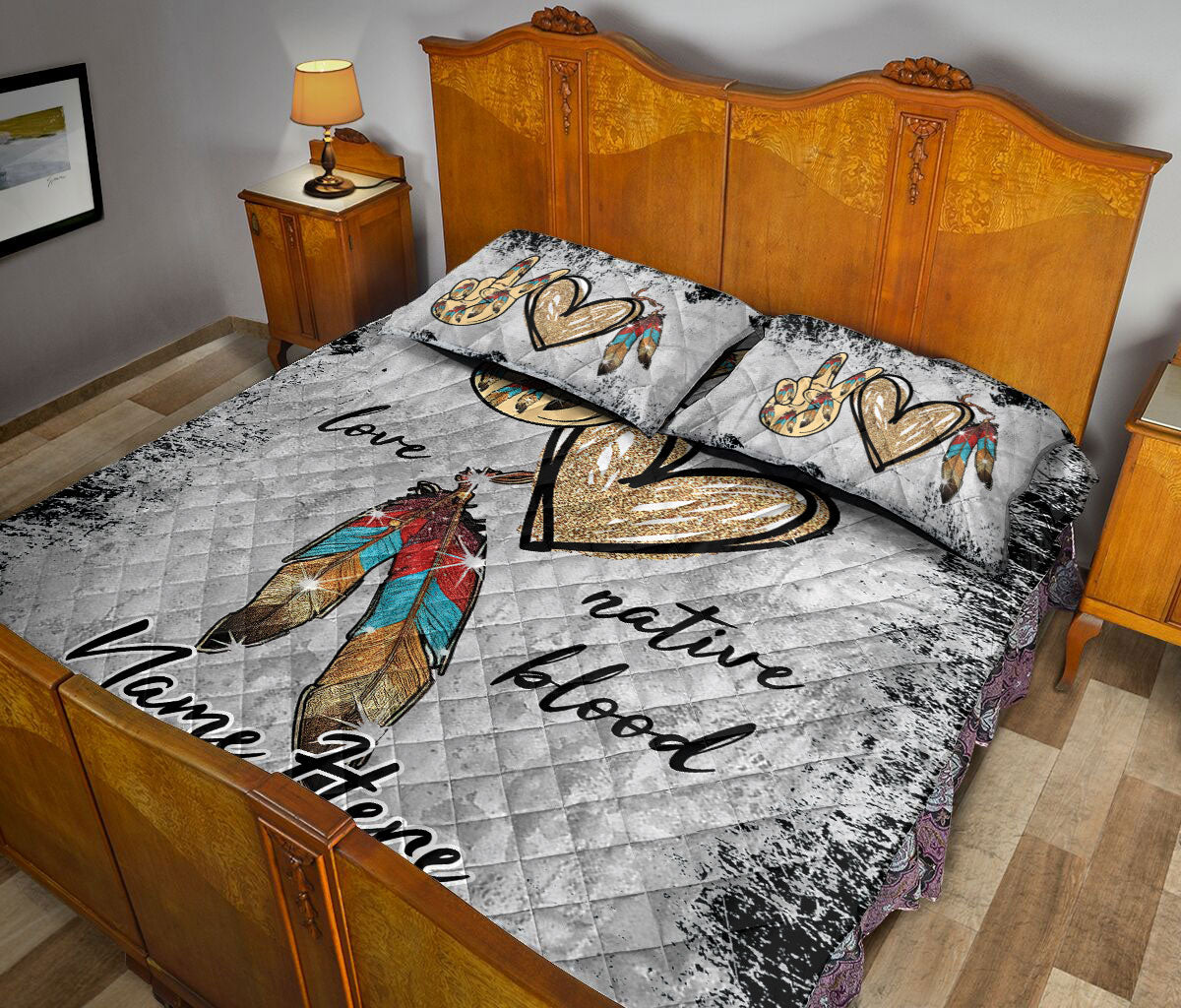 Ohaprints-Quilt-Bed-Set-Pillowcase-Native-American-Peace-Love-Native-Blood-Grey-Pattern-Custom-Personalized-Name-Blanket-Bedspread-Bedding-2669-Queen (80'' x 90'')
