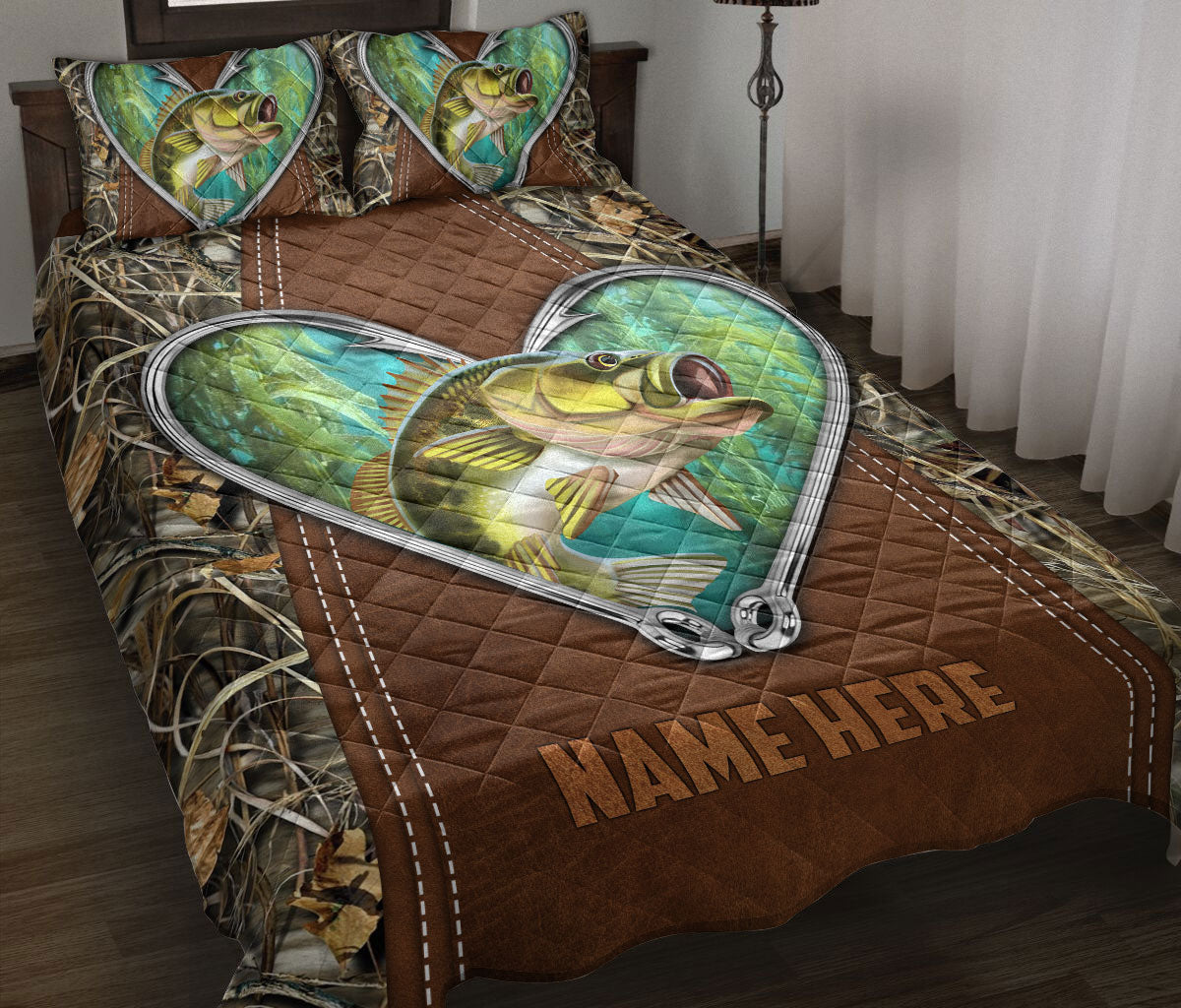 Personalized Fishing Quilt Set, Fishing Hook Big Bass Fish Quilt Blanket With Pillowcases, Custom Name Quilt Bedding Set
