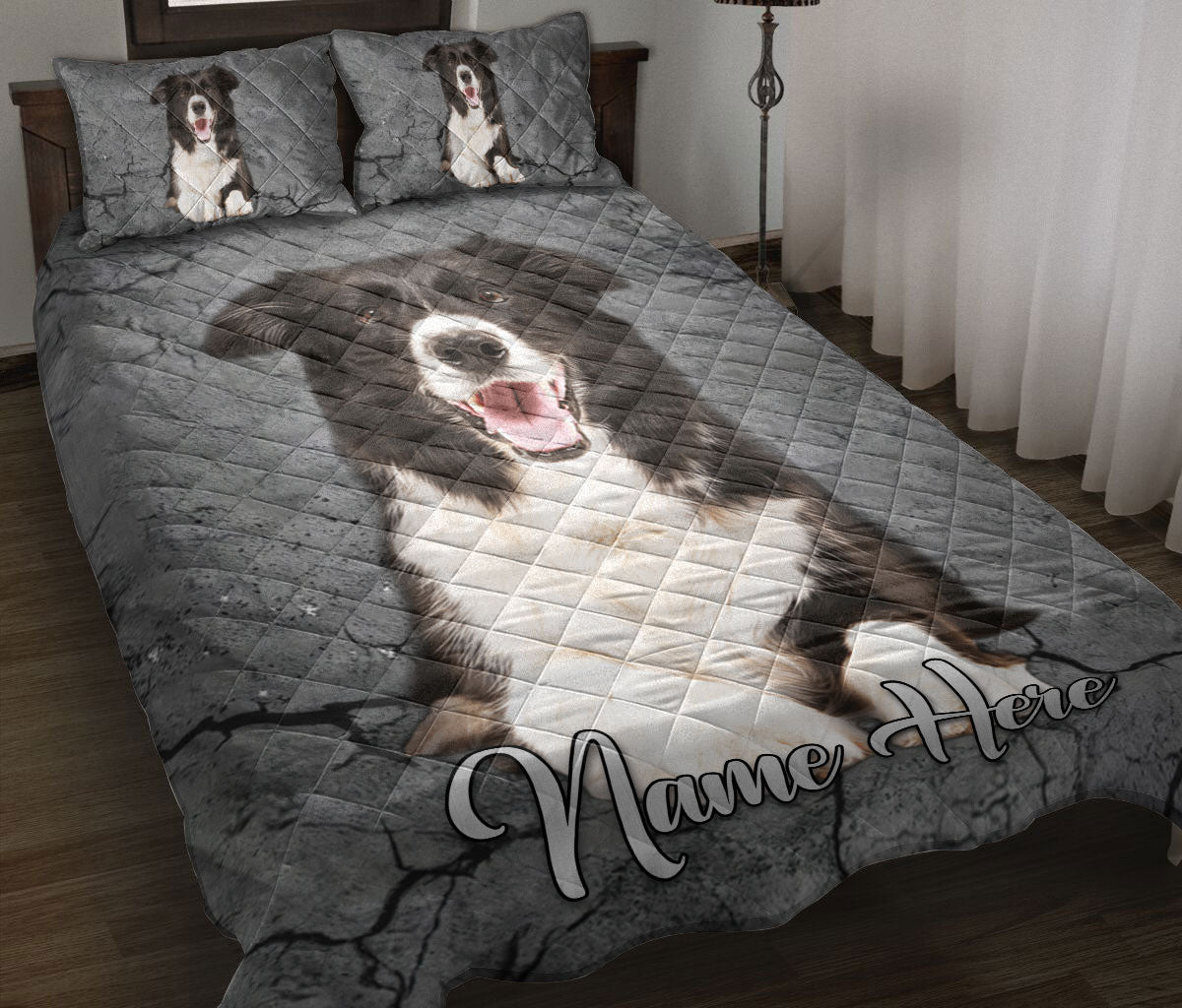 Ohaprints Quilt Bed Set Pillowcase Border Collie Dog Crack Gray