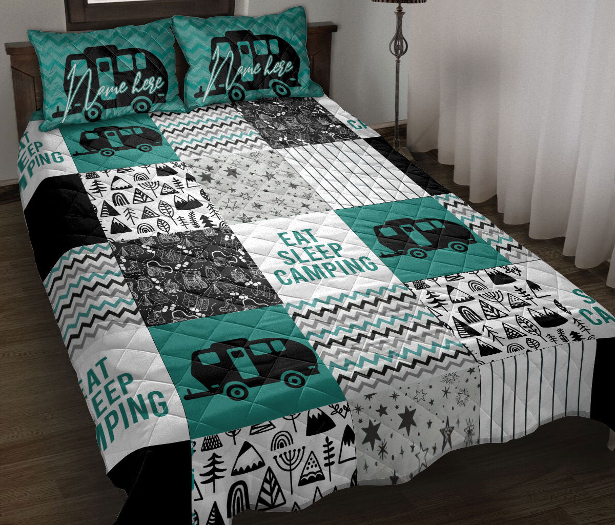 Ohaprints Quilt Bed Set Pillowcase Eat Sleep Camping Lover Patchwork