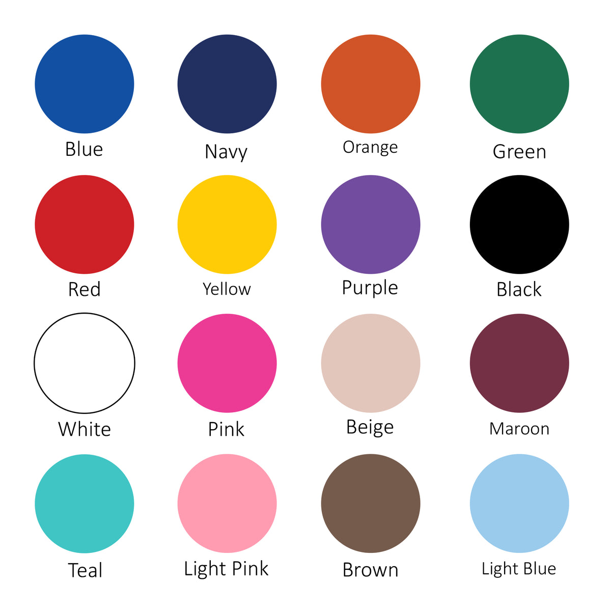 Color selection guide showing blue, navy, orange, green, red, yellow, purple, black, white, pink, beige, maroon, teal, light pink, brown, and light blue