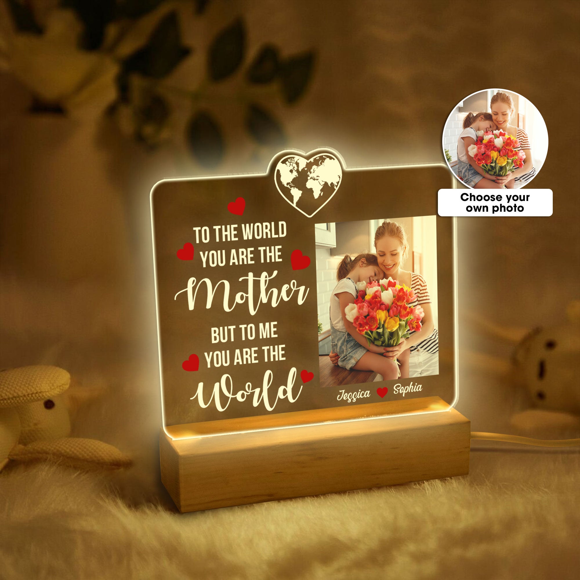 Personalized Photo Mom Night Light, Custom Photo & Name Acrylic Night Light, To The World You Are A Mother Room Decor, Gift for Mom, Grandma