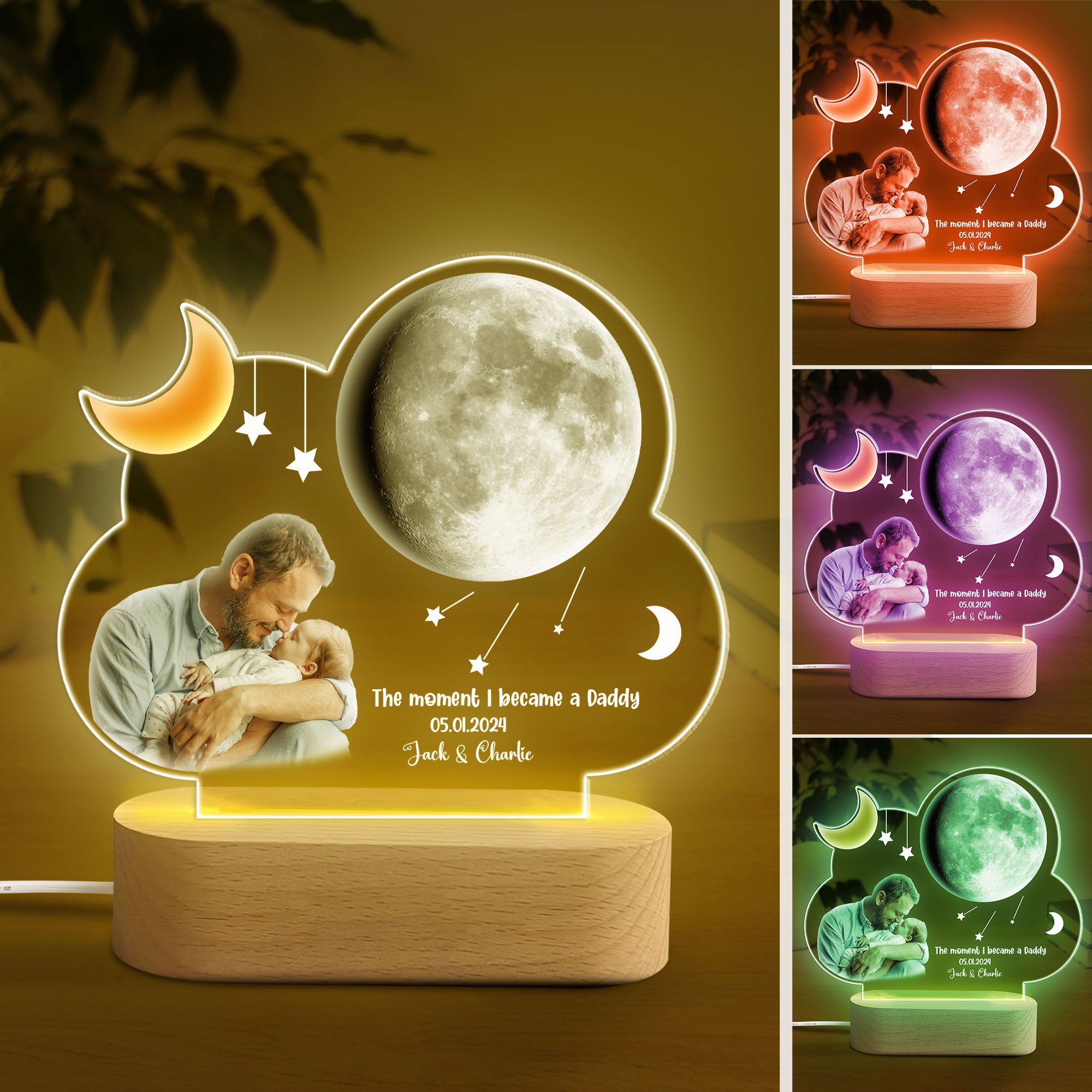 Personalized Dad Night Light, Custom Moon Phase & Photo Acrylic Night Light, First Dad Room Decor, Father's Day Gift for Grandpa, Dad, Him