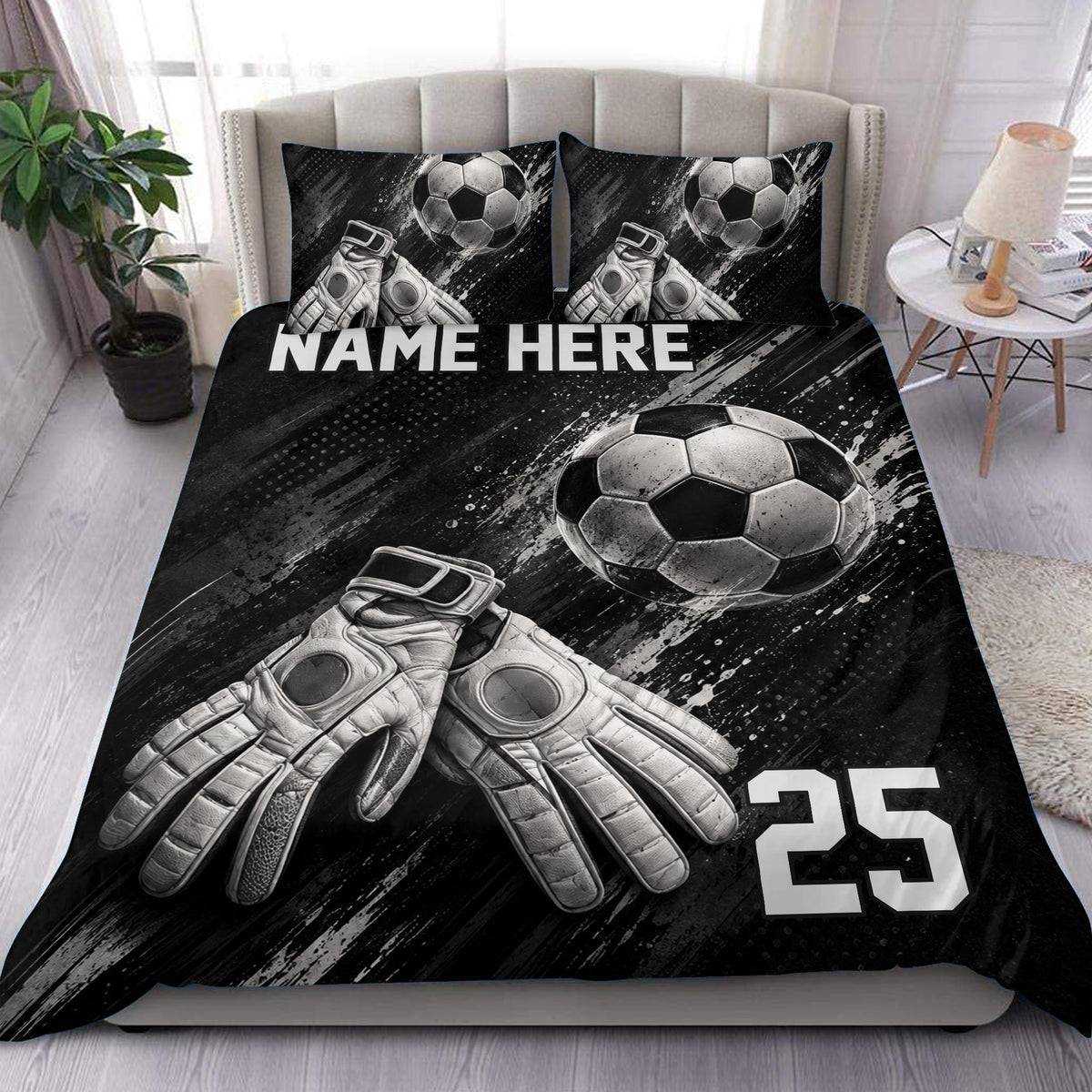 Soccer duvet cover set with goalkeeper gloves, soccer balls, and bold black and white bedroom styling