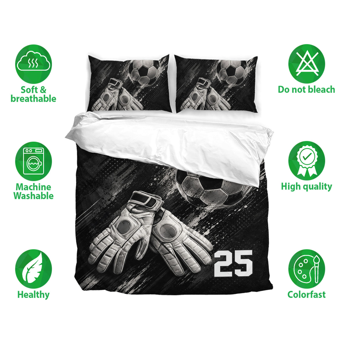 Soccer bedding set displayed with matching pillowcases and soft breathable fabric feature icons
