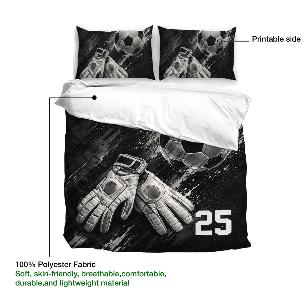 Soccer duvet cover with goalkeeper gloves, soccer ball artwork, and printable front design details
