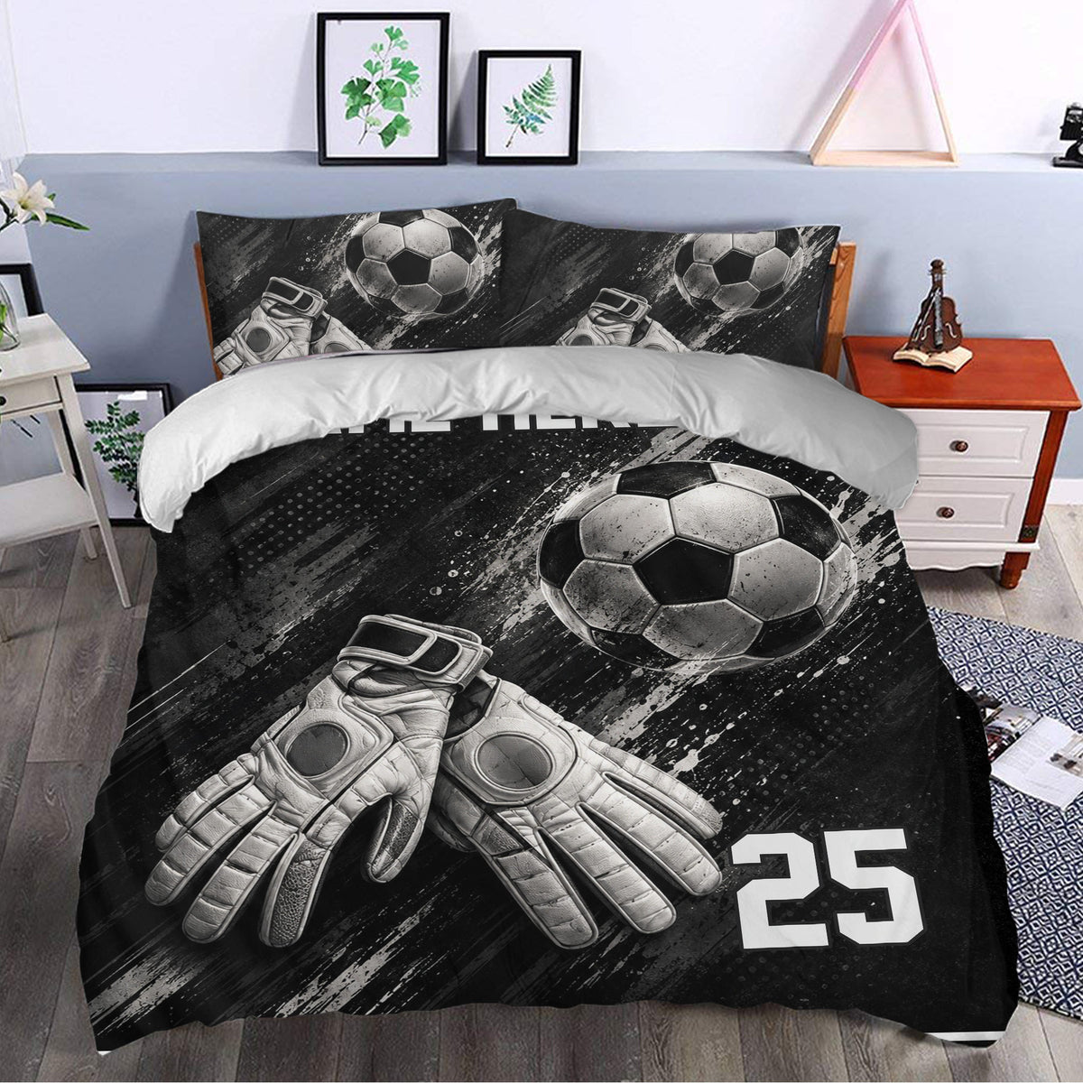 Black and white soccer duvet cover bedding set styled in a modern bedroom with goalkeeper graphics