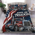 Trucker duvet cover bedding set with red semi trucks, patriotic brushstrokes, stars, and dark blue bedroom styling