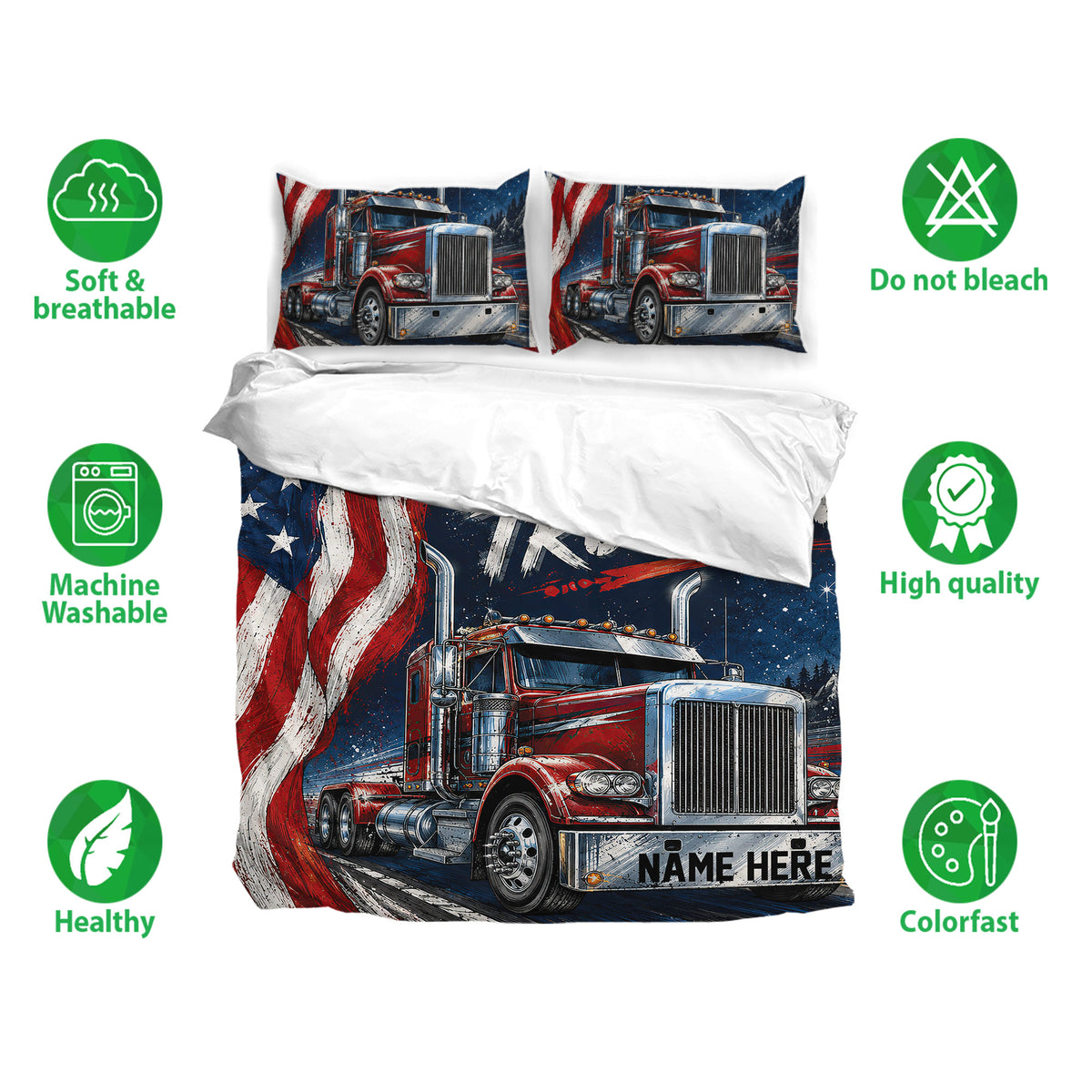 Trucker duvet cover set displayed with matching truck pillowcases and a bold red, white, and blue semi truck design