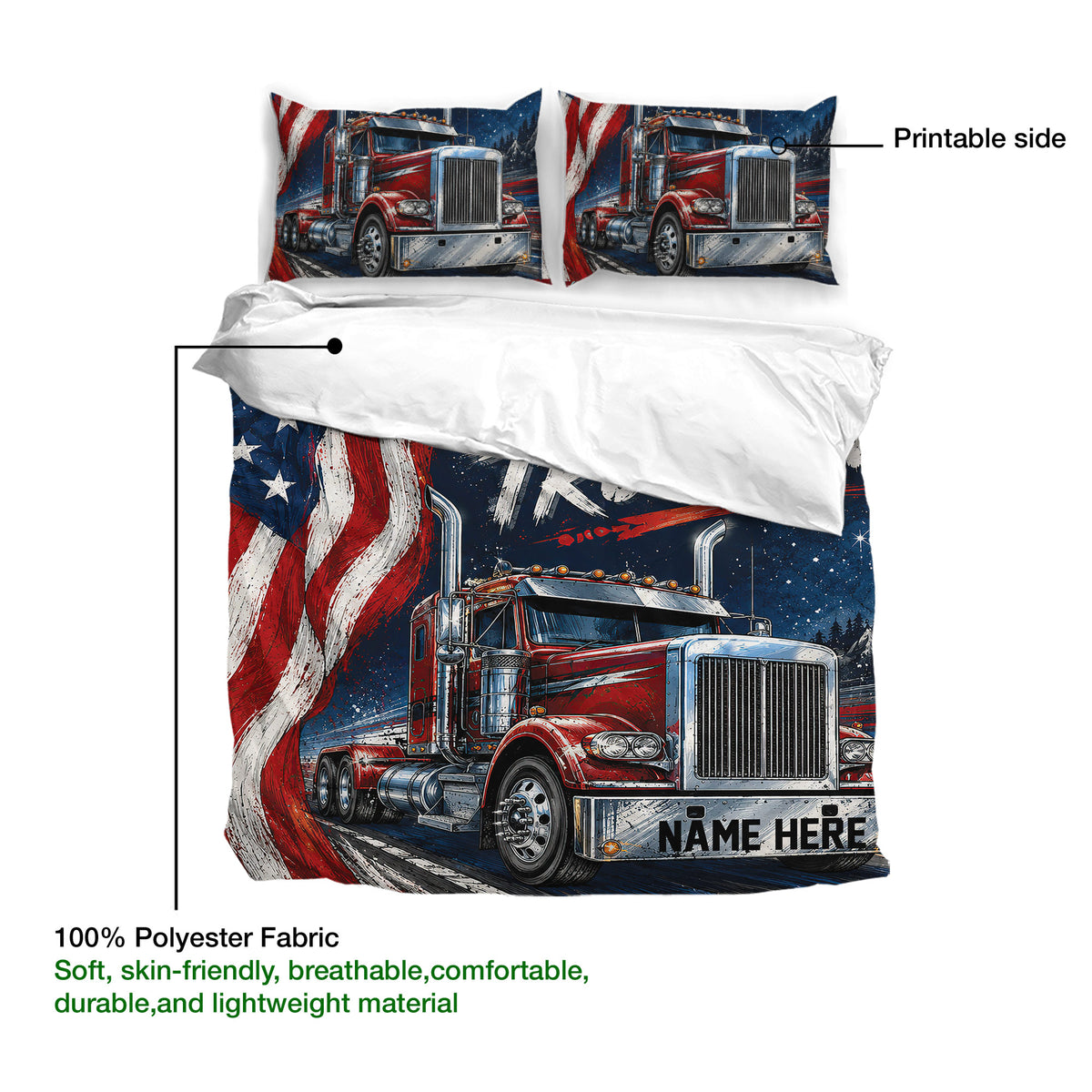 Trucker bedding set detail showing printed semi truck artwork on the duvet cover and matching pillowcases