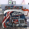 Red semi truck duvet cover styled in a bedroom with patriotic colors, star accents, and bold graphic artwork