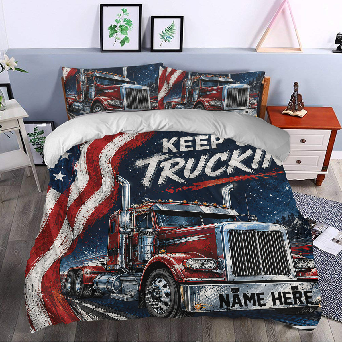 Red semi truck duvet cover styled in a bedroom with patriotic colors, star accents, and bold graphic artwork