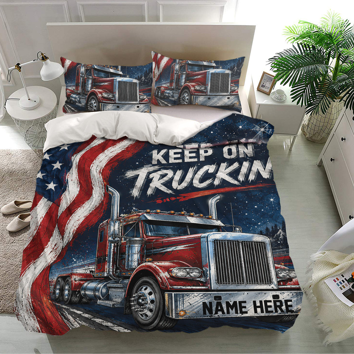 Trucker duvet cover bedding set in a modern bedroom featuring repeated red semi trucks and navy patriotic artwork