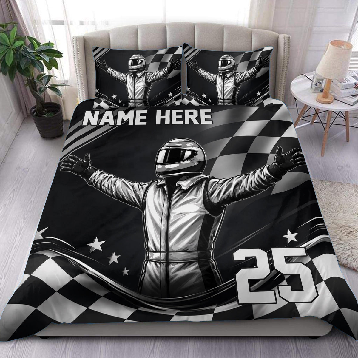 Custom racing duvet cover set in black and white with helmeted driver, stars, and checkered flag artwork