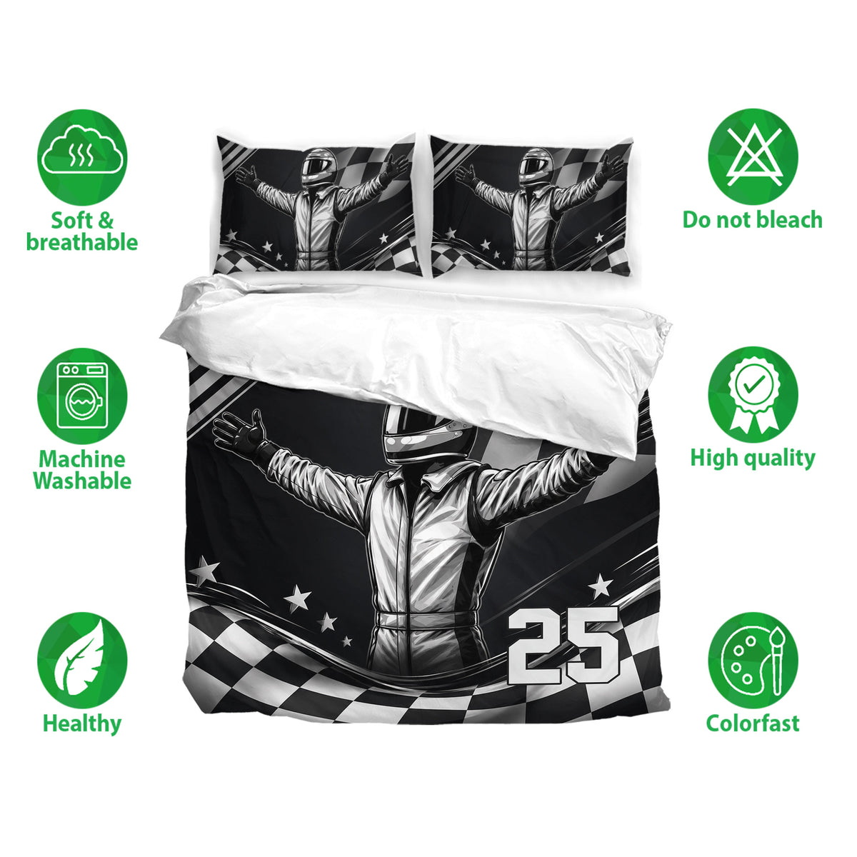 Racing duvet cover bedding set displayed with matching pillowcases and soft breathable fabric icons