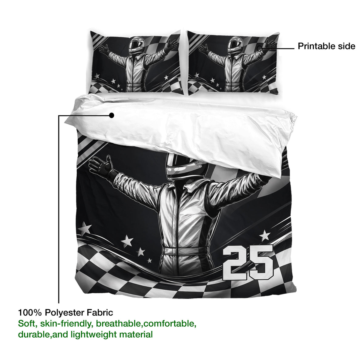 Racing duvet cover bedding set showing the printed side and bold black and white driver artwork