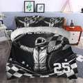 Racing duvet cover set styled in a bedroom with helmeted driver, stars, and checkered flag design
