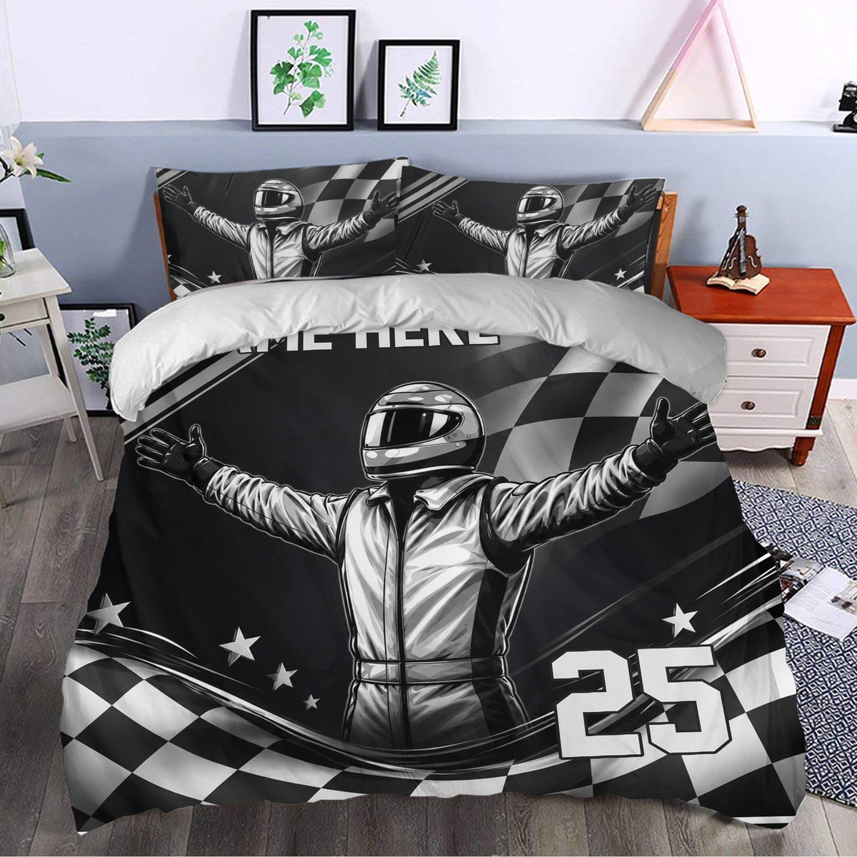 Racing duvet cover set styled in a bedroom with helmeted driver, stars, and checkered flag design