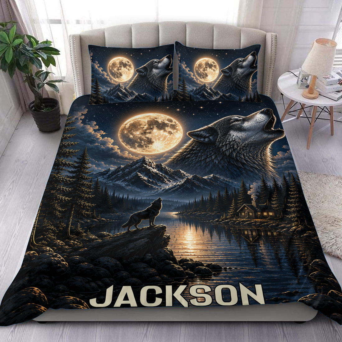 Wolf duvet cover set displayed on a bed with moonlit mountains, pine forest, lake, and night sky artwork