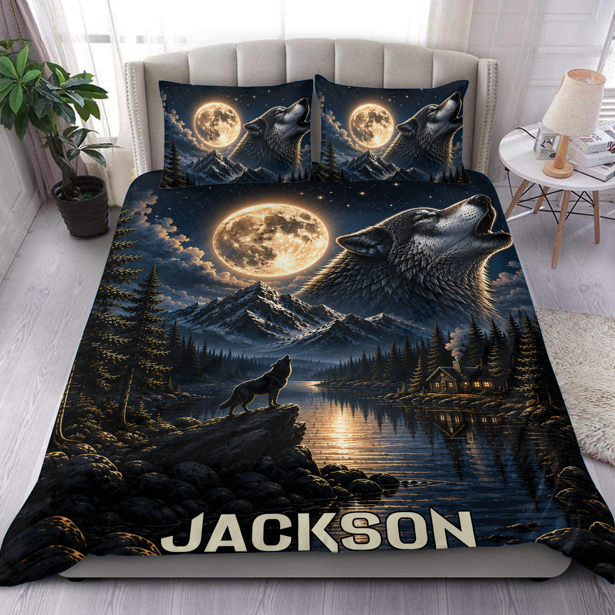 Wolf duvet cover set displayed on a bed with moonlit mountains, pine forest, lake, and night sky artwork