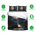 Wolf duvet cover bedding set with moonlit mountain artwork, matching pillowcases, and breathable fabric features