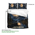 Wolf bedding set showing a moonlit lake scene, mountain landscape, matching pillowcases, and soft polyester fabric