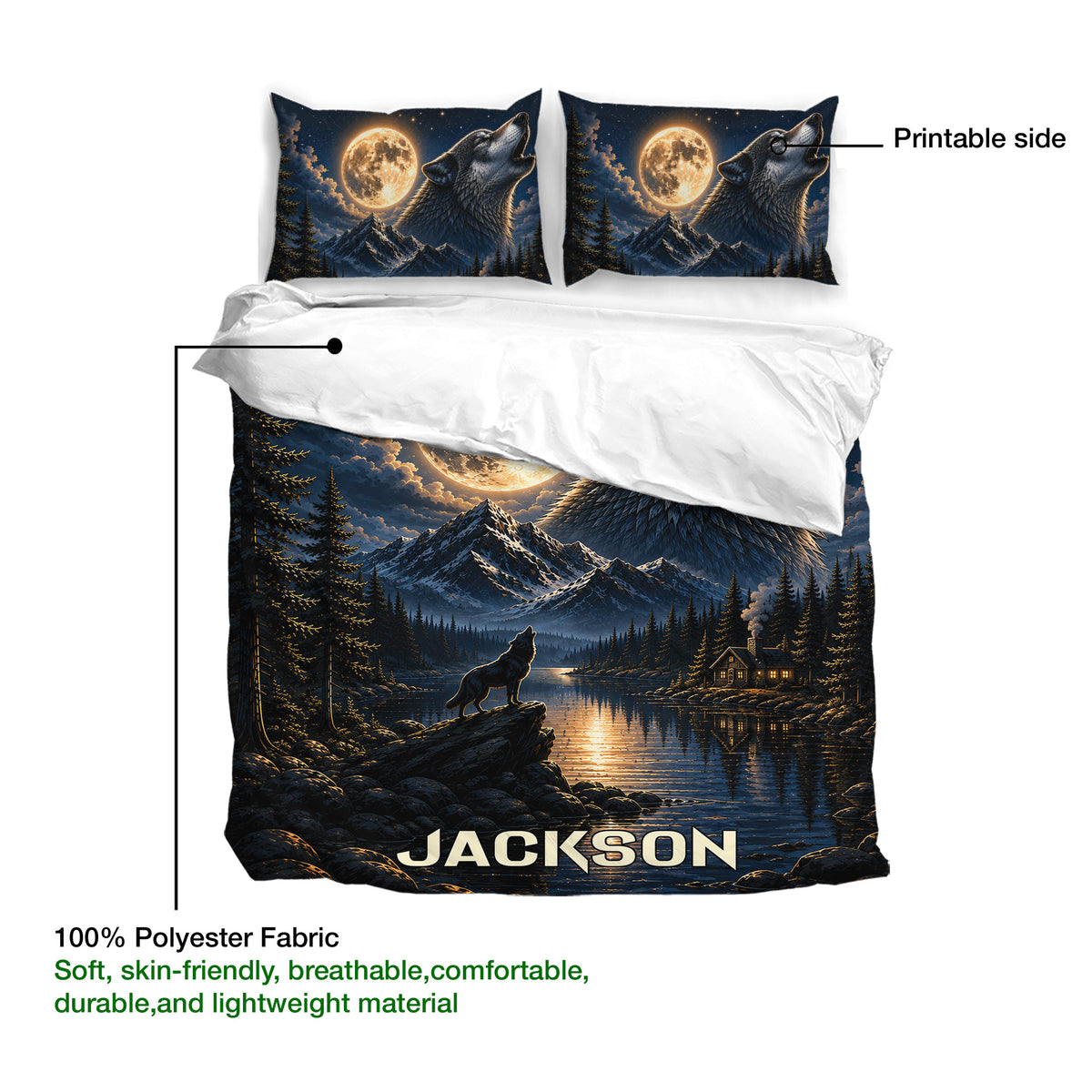 Wolf bedding set showing a moonlit lake scene, mountain landscape, matching pillowcases, and soft polyester fabric