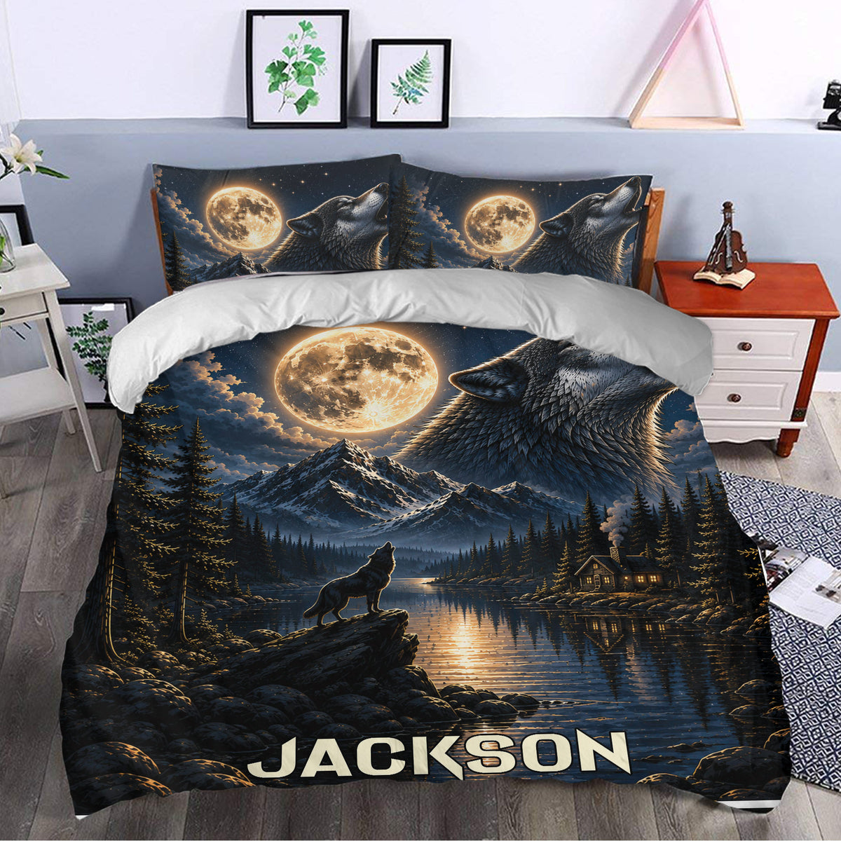 Wolf duvet cover styled in a bedroom with a glowing moon, mountain landscape, forest, and lakeside artwork