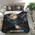 Wolf bedding set in a modern bedroom featuring a howling wolf, full moon, pine forest, mountains, and lake
