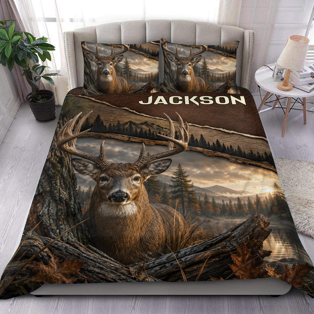 Deer duvet cover set displayed on a bed with rustic forest and mountain artwork