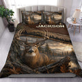Deer duvet cover set displayed on a bed with rustic forest and mountain artwork