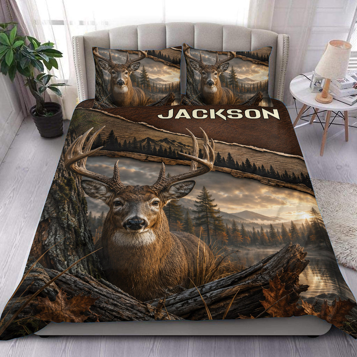 Deer duvet cover set displayed on a bed with rustic forest and mountain artwork