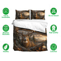 Deer duvet cover bedding set shown with matching pillowcases and soft breathable fabric icons