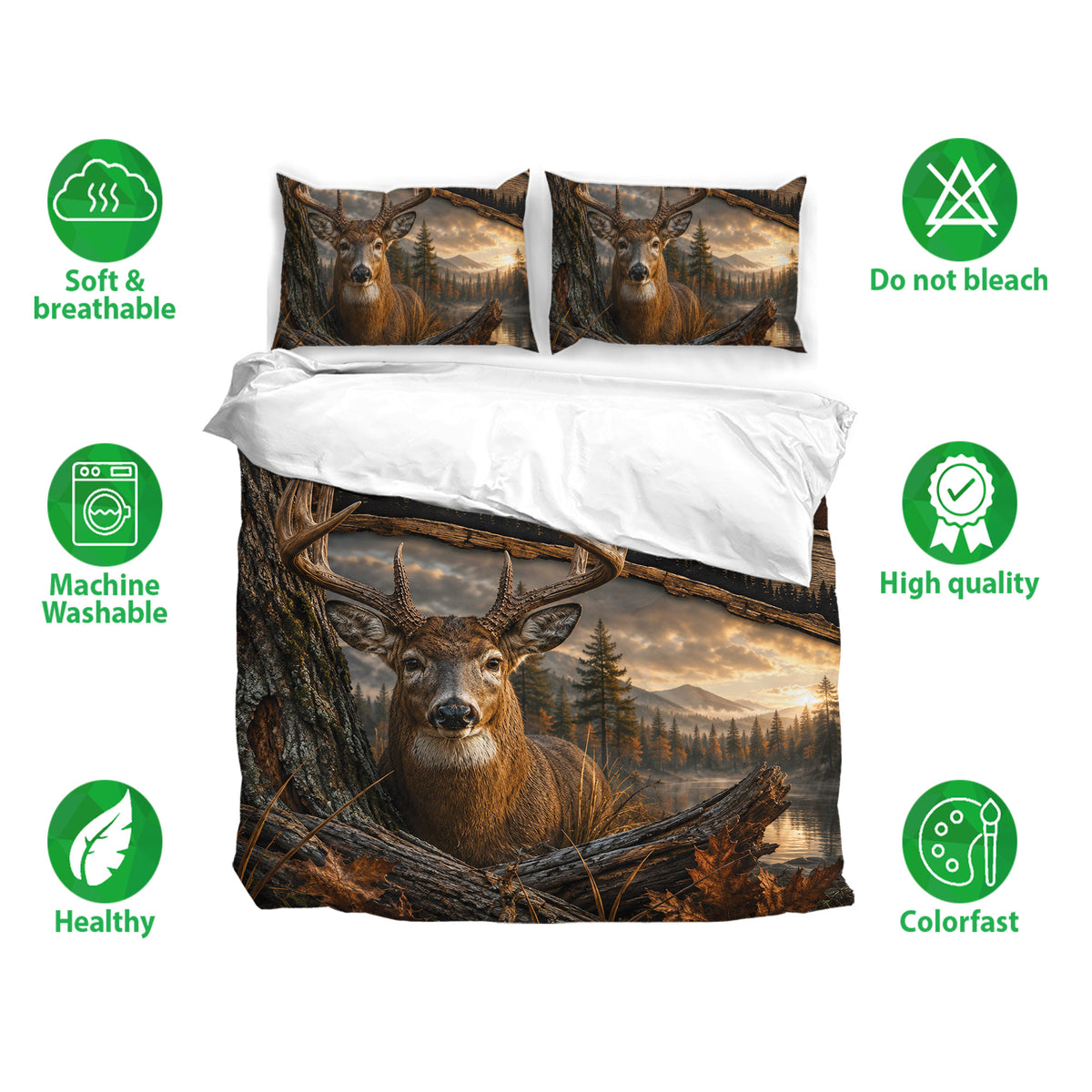 Deer duvet cover bedding set shown with matching pillowcases and soft breathable fabric icons