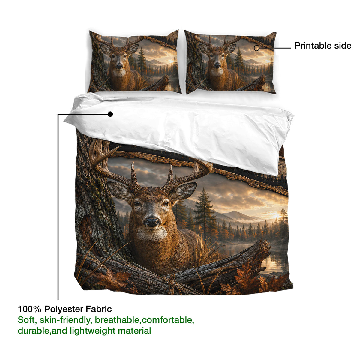 Deer duvet cover set product guide showing printed artwork and lightweight fabric detail
