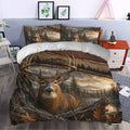 Rustic deer duvet cover set styled in a bedroom with forest, mountain and antler artwork
