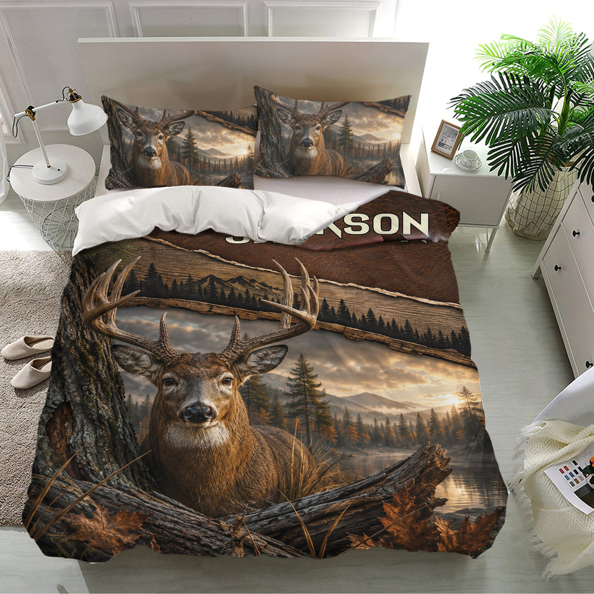Deer bedding set displayed in a bright bedroom with wildlife and woodland scenery