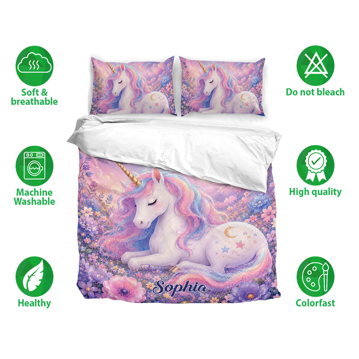 Unicorn bedding set with pastel floral artwork shown with breathable and washable feature icons