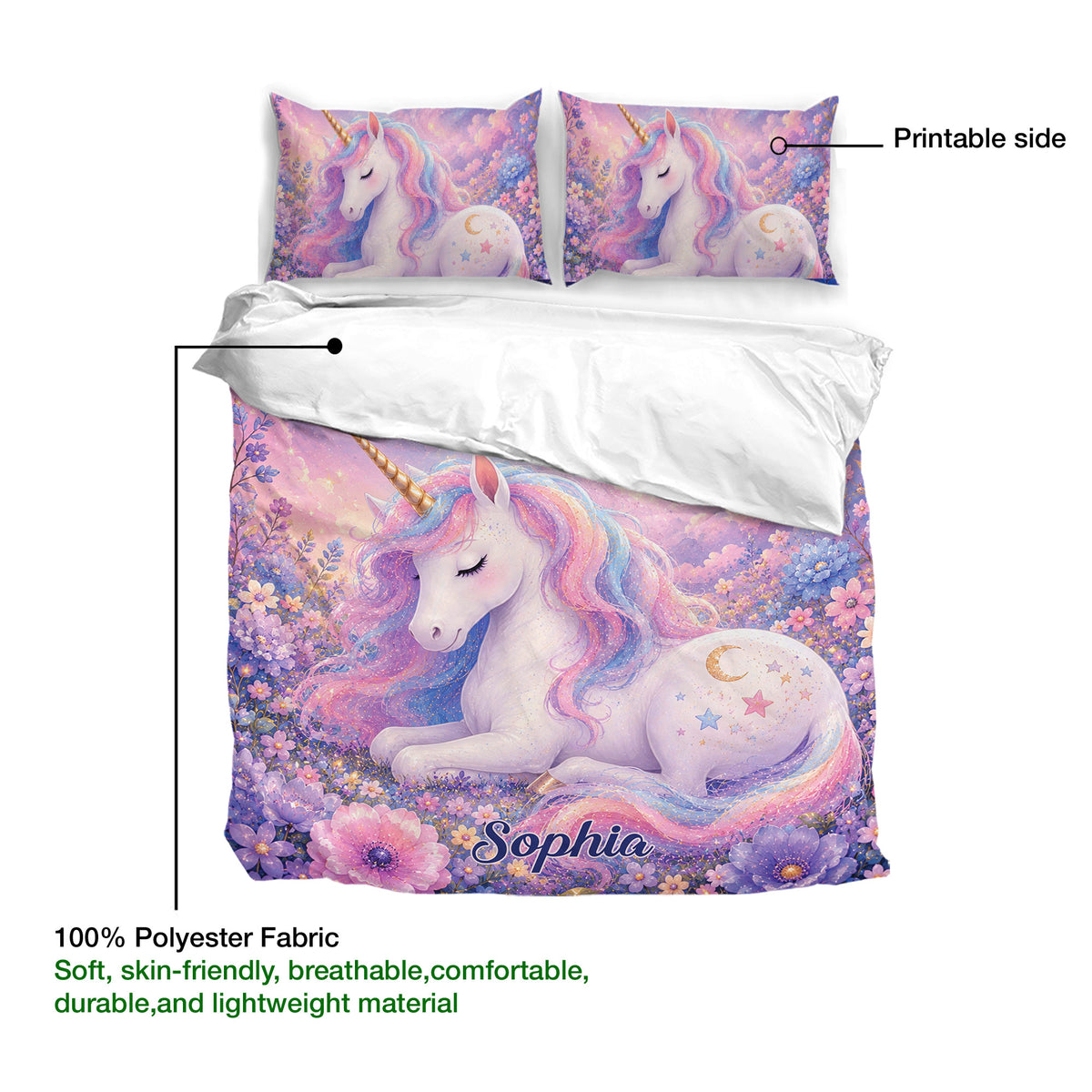 Unicorn duvet cover set detail showing colorful floral artwork and soft polyester fabric