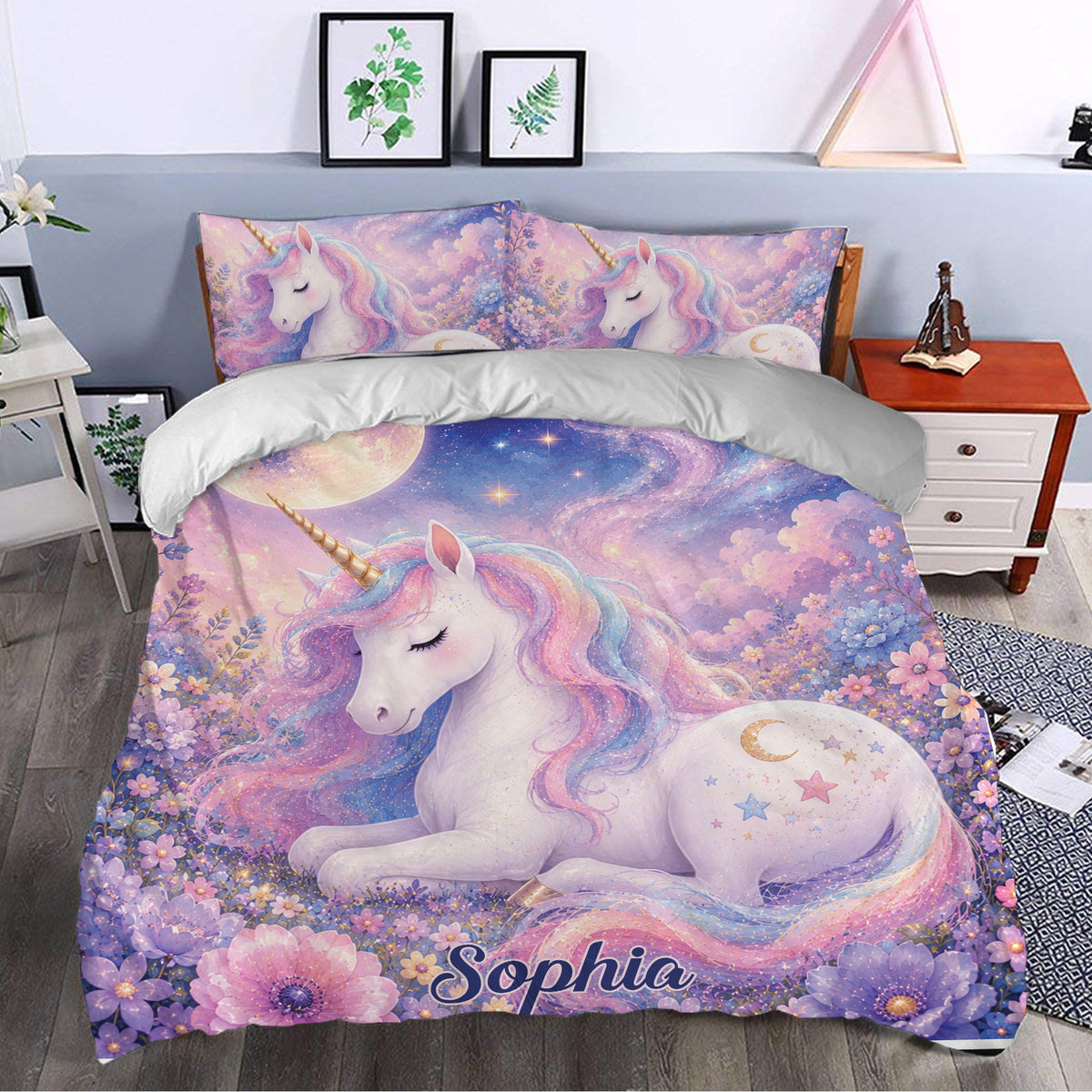 Dreamy unicorn duvet cover in a bedroom with pastel flowers, moon, stars, and galaxy details