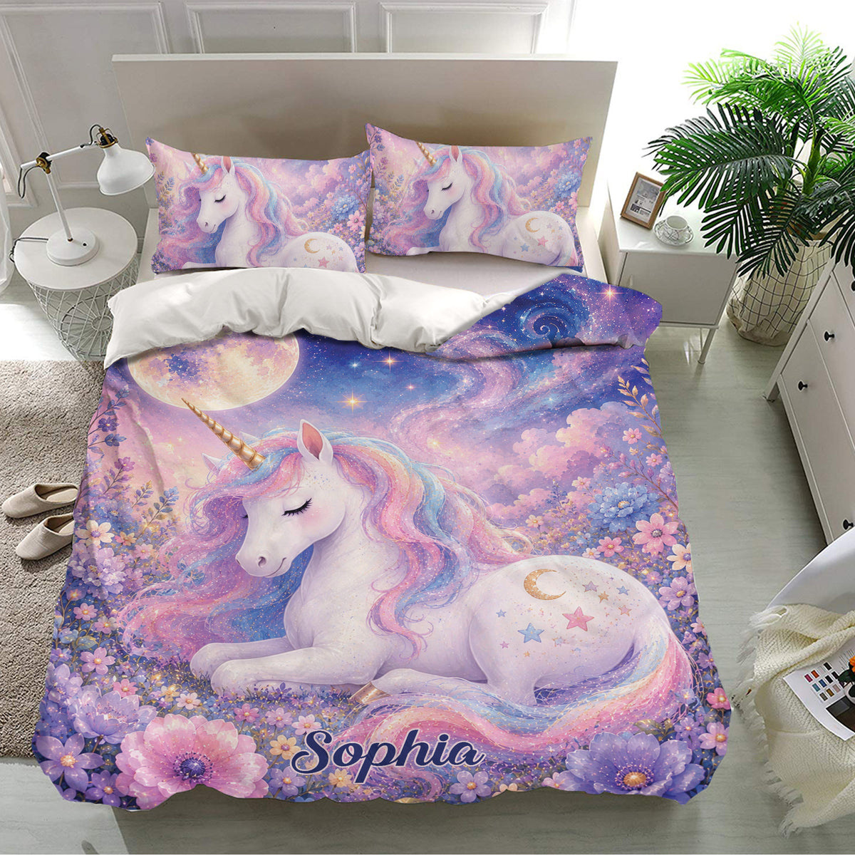 Pastel unicorn bedding set styled in a bright bedroom with matching celestial pillowcases
