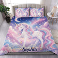 Pastel unicorn duvet cover bedding set with rainbow manes, stars, clouds, and dreamy galaxy artwork