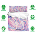 Unicorn duvet cover bedding set displayed with matching pillowcases and soft pastel celestial artwork