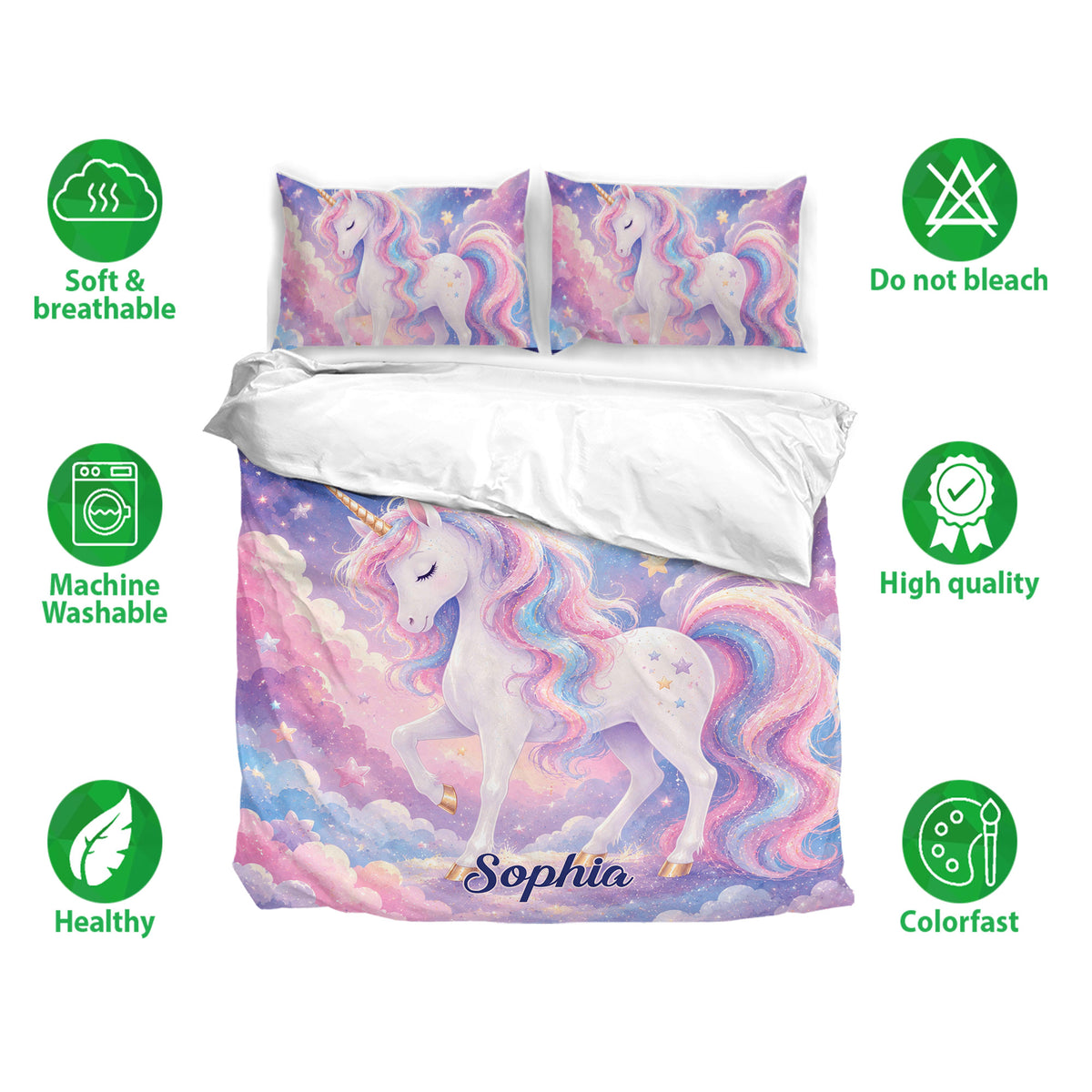 Unicorn duvet cover bedding set displayed with matching pillowcases and soft pastel celestial artwork